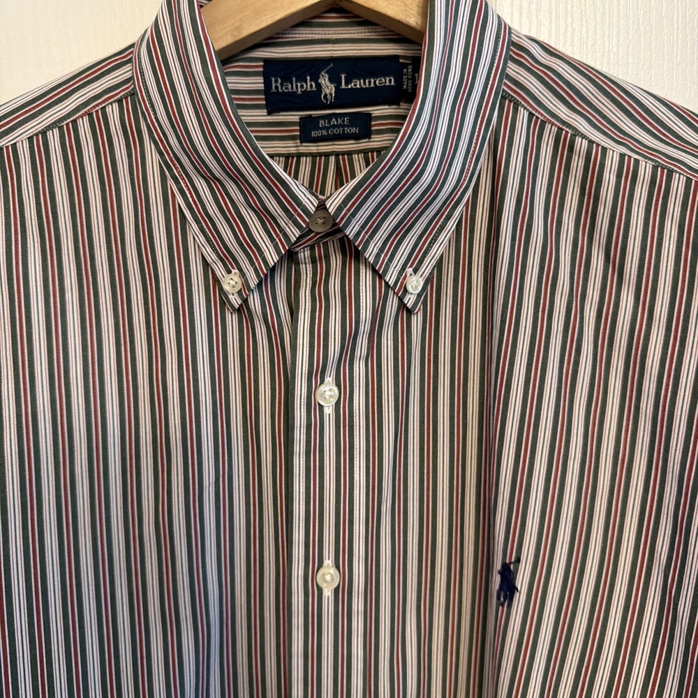 Vintage 90s Ralph Lauren Men's L "Blake" Button Down Shirt Red & Green Striped
